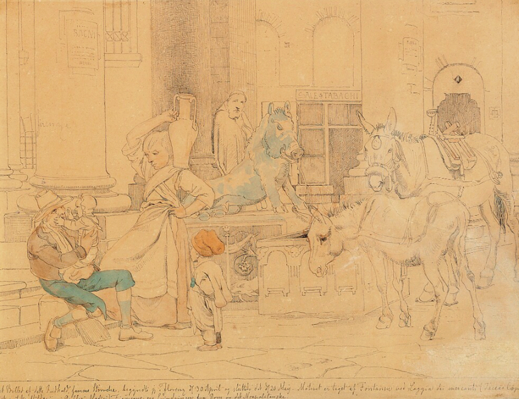 Johan Thomas Lundbye. "Die Fontäne bei der Loggia dei Mercanti in Florenz". 1846. Feder und Wasserfarbe auf Papier.