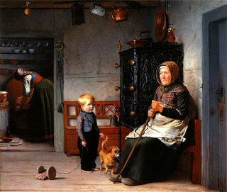 Julius Exner: En fattig kone der venter på et krus øl i en bondestue, 1852