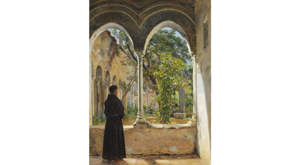 "Klostergang i Palermo med franciskanermunk" malet af Martinus Rørbye i 1840. Olie på lærred, 50 x 38 cm. Auktionsnr. 872/52