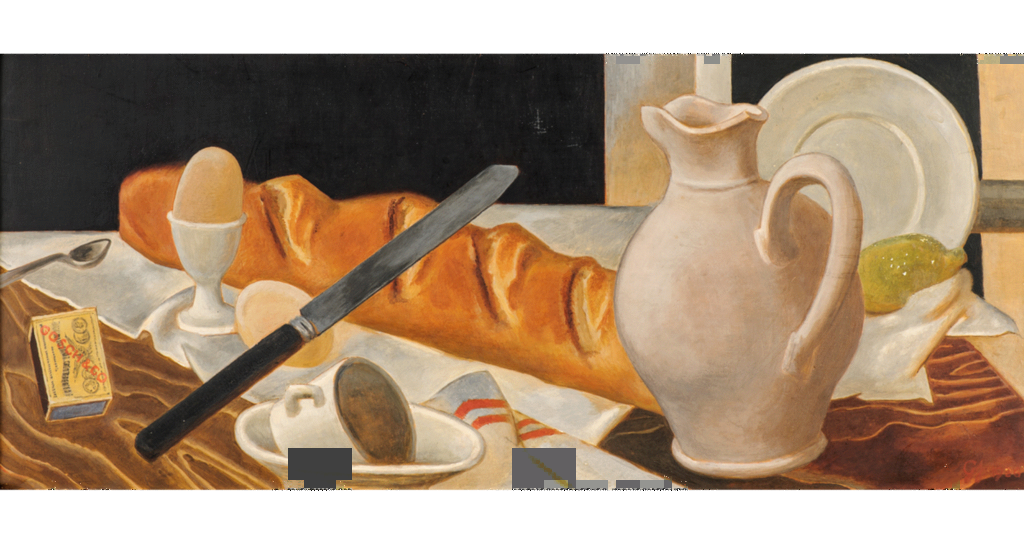 Georg Jacobsen,"Nature morte med hvid kande og brød", 1926. Nordnorsk Kunstmuseum. Donasjon fra Viggo Hagstrøm