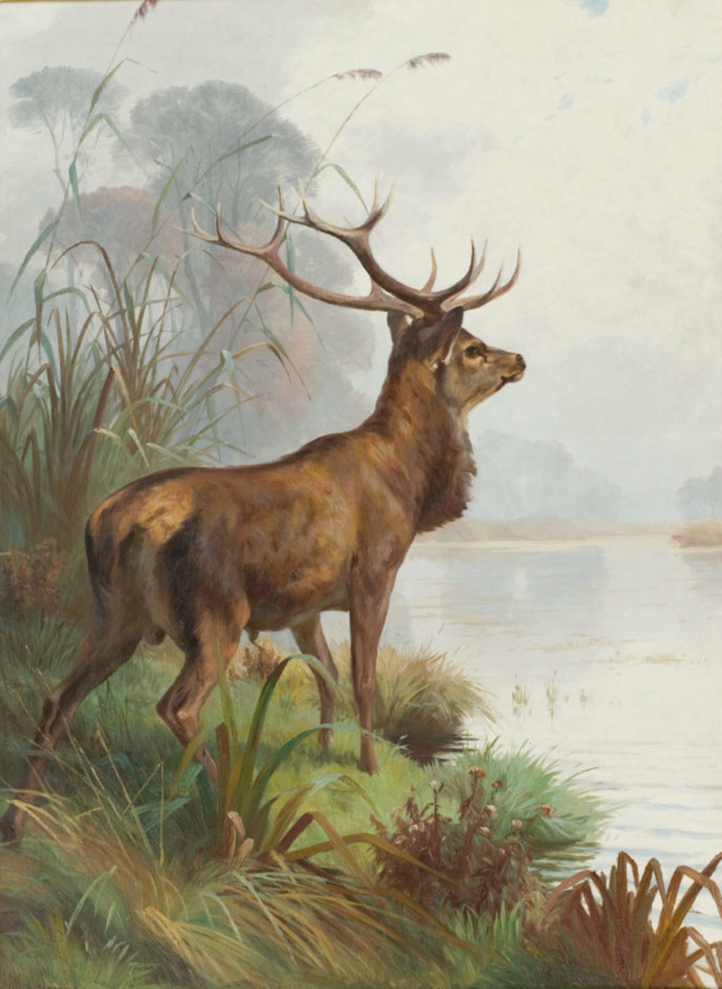 A. Mackeprang (1833-1911): Kronhjort ved en sø, morgendis
