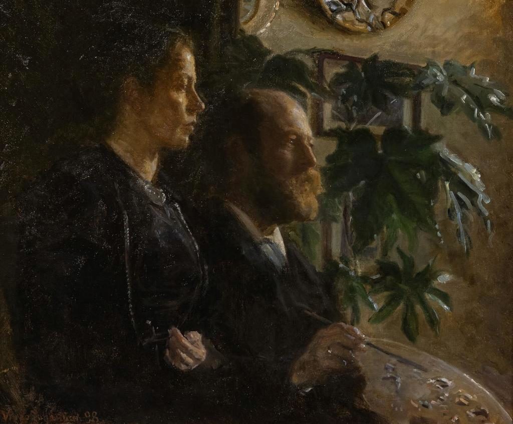 Viggo Johansen: Kunstnerens selvportræt med palet i hånden og hans hustru, Martha, ved sin side, 1898, Ribe Kunstmuseum