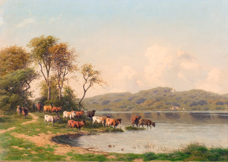 Landskab med køer ved en sø