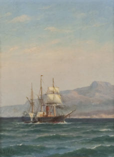Marine med dampskib der fører sejl