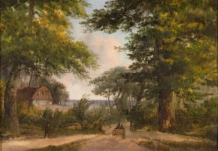 Road and wagon between tall trees