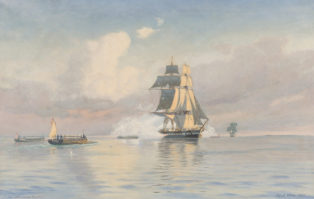 Danske kanonbåde i kamp med et engelsk krigsskib ud for Fejø 1807