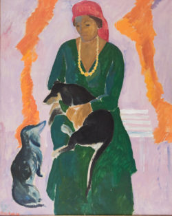 Grøn dame med to sorte hunde