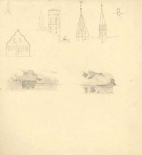 Skitser af tårn og spir på Ribe Domkirke, af Skibbroen 7 samt detaljer af åbrink