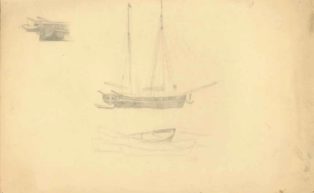 Skitser af et sejlskib og robåde