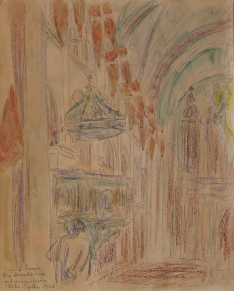Flagsmykket interiør fra Domkirken i Ribe. Ansgarsfesten 1926