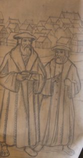 Skitse af Hans Tavsen og Peder Paladius. Forarbejde til frise i Ribestuen