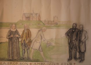 Skitse af A. Brorson, Chr. Falster, Ambrosius Stub, Jacob A. Riis og Emil Chr. Hansen. Forarbejde til frise i Ribestuen